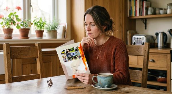 Person browsing a brochure of experience days with a cup of tea